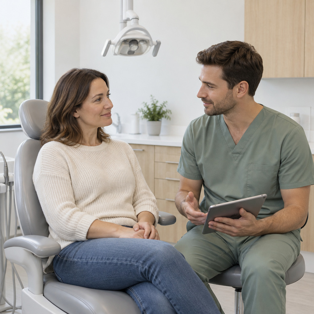 A dentist in conversation with a patient