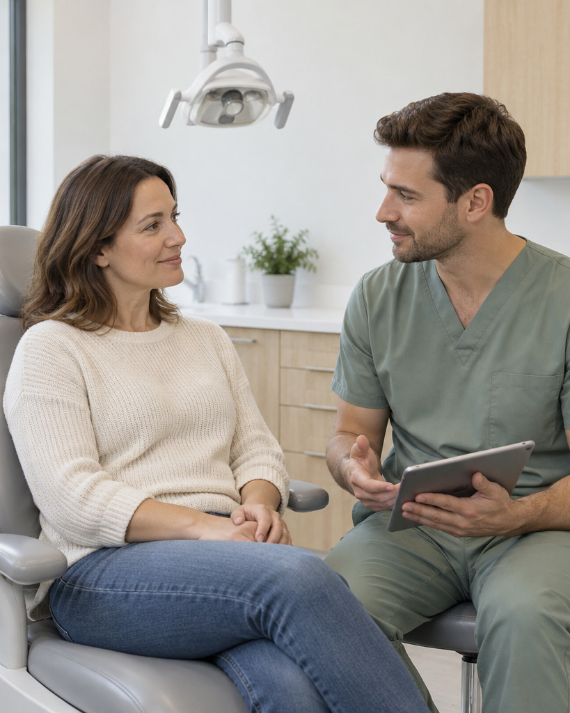 A dentist in conversation with a patient