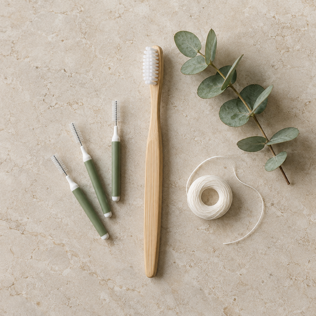 Oral hygiene products laid out on a surface