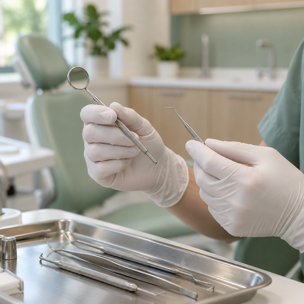 Gloved hands holding a dental mirror and probe