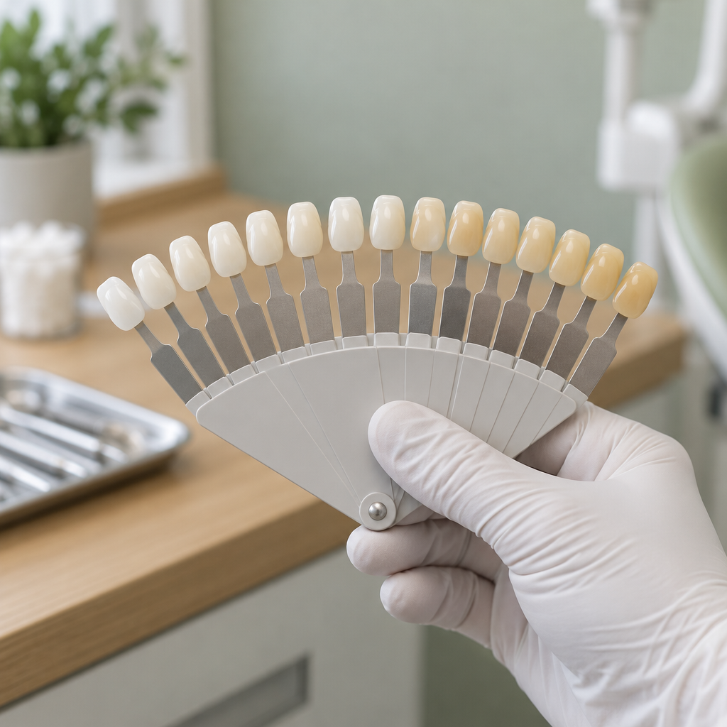A tooth shade guide held in a gloved hand
