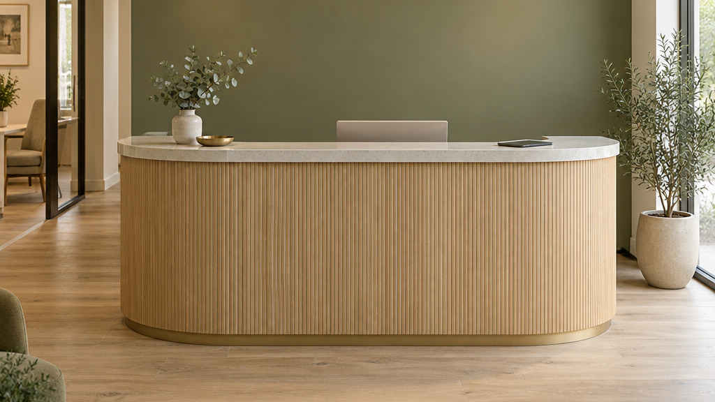 A calm dental practice reception with a curved desk and natural light