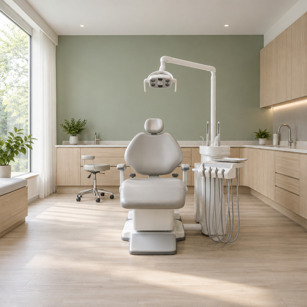 An empty, light-filled dental treatment room