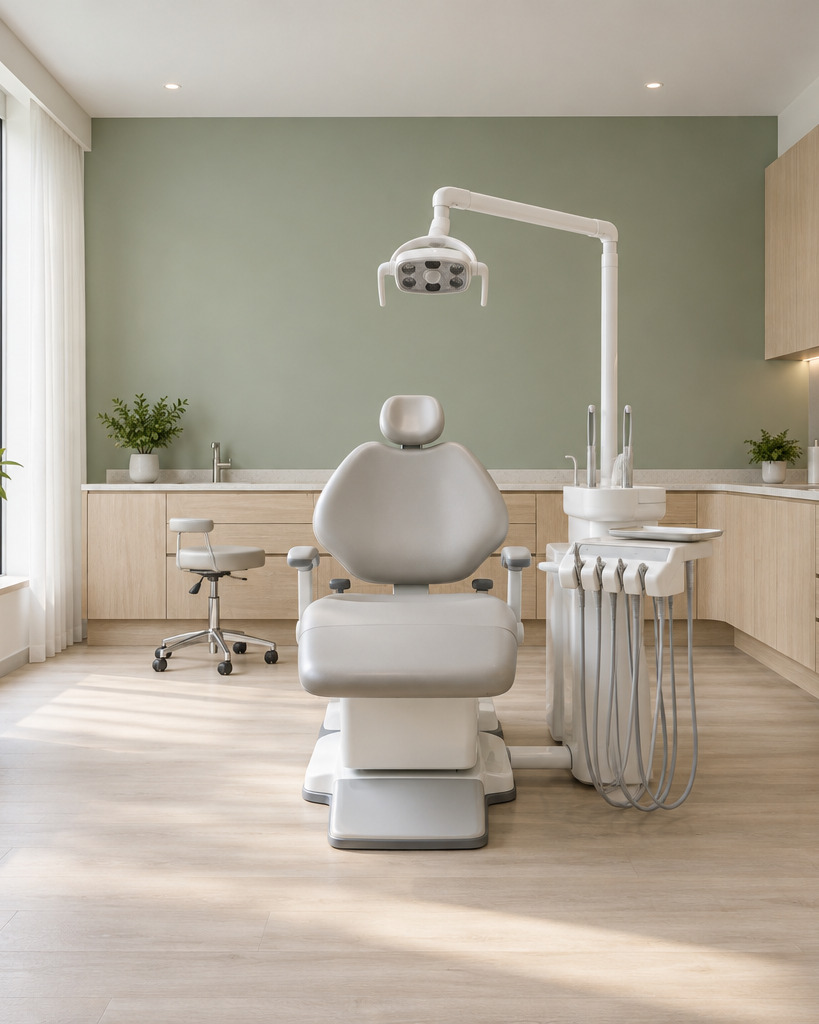 An empty, light-filled dental treatment room