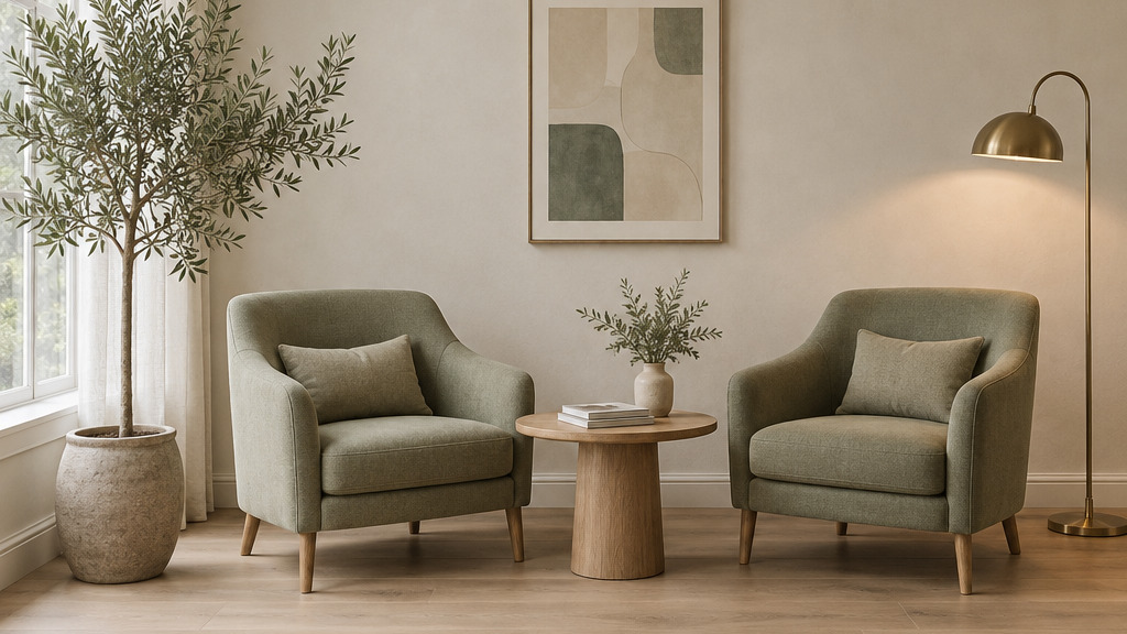 A quiet waiting lounge with soft seating and plants