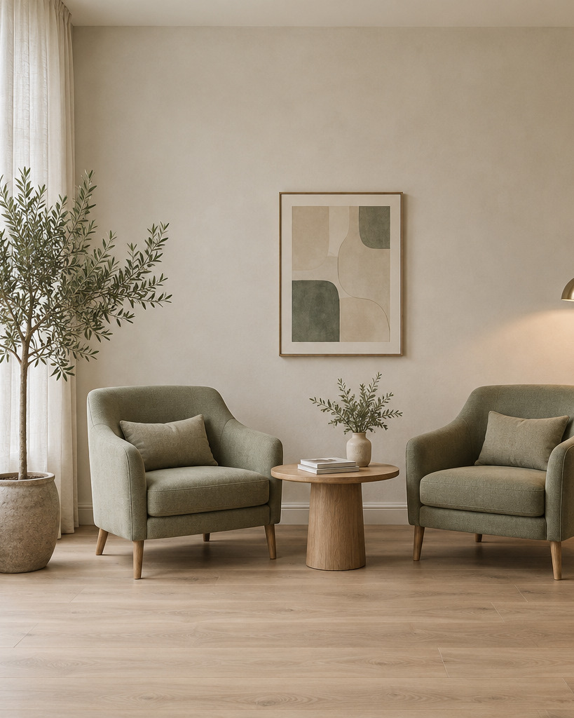 A quiet waiting lounge with soft seating and plants